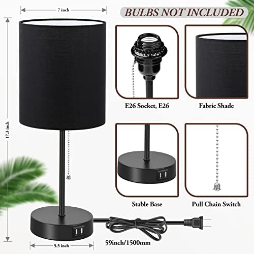 Bedside Table Lamps Set of 2 with USB Charging Ports and AC Outlet, Black