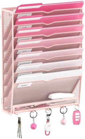 Wall File Holder Hanging Wall File Organizer, Wall Mount Mail Holder and Paper Organizer with Bottom Shelf & 5 Hooks for Office Home School (8-Tier Pink)
