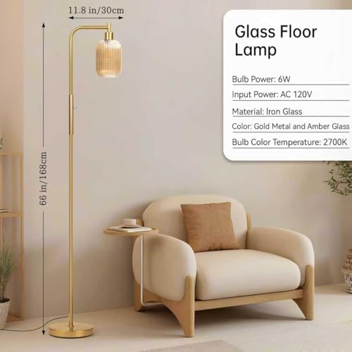 Ruiever Glass Floor Lamp for Living Room, Dimmer Standing Lamp with Green Ribbed Lampshade,66” Tall Lamp & Gold Floor Lamp for Bedroom Study Room,Brushed Gold (Amber)