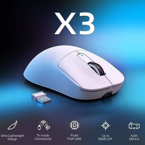 ATTACK SHARK X3 Lightweight Wireless Gaming Mouse with Tri-Mode 2.4G/USB-C Wired/Bluetooth,26K DPI, PAW3395 Optical Sensor,Kailh GM8.0 Switch,5 programmable Buttons for PC/Win/Mac(White)