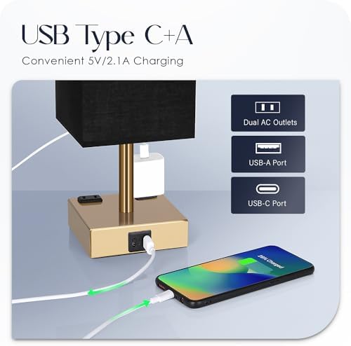 Bedside Lamp with USB Ports - Touch Control Table Lamp for Bedroom with USB C+A Charging Ports & AC Outlets, 3 Way Dimmable Nightstand Light for Living Room (LED Bulb Included, Brass - Black)
