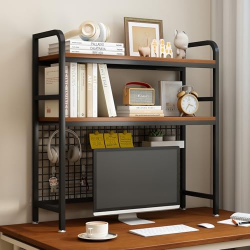 IOTXY 2-Tier Desktop Hutch Bookshelf, Metal Desk Shelf, Black, 37.4" W