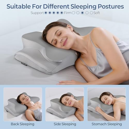 Cervical Pillow for Neck Pain Relief, Ergonomic Neck Pillow for Sleeping, Contour Side Sleeper Pillow for Neck Support, Orthopedic Cooling Memory Foam Pillows for Back Stomach Sleepers (Grey& White)