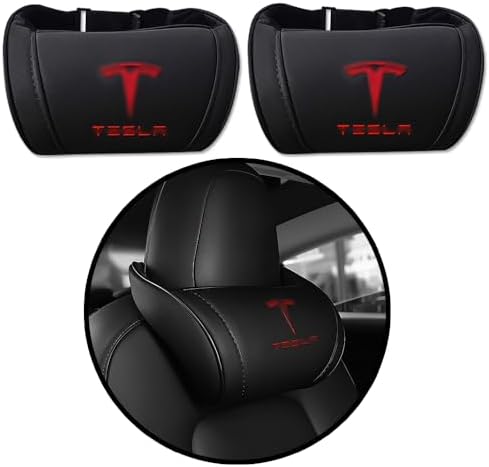 Car Headrest Neck Pillow Support Ergonomic, with Valve Stem Covers Accessory for Driving Seat Fatigue Relief Compatible with Model S X 3 Y & Cybertruck - 2 Pieces