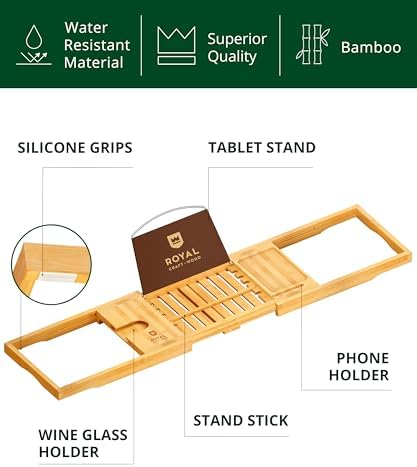 ROYAL CRAFT WOOD Premium Foldable Bathtub Tray Caddy - Wood Bath Tray for Tub, Bamboo Shelf, Expandable Bath Table Trays, Bathtub & Bathroom Accessories for New Home & Mothers, Birthday Gifts for Mom