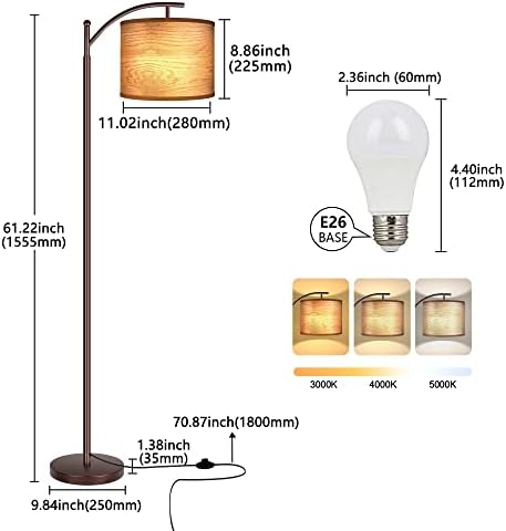 Floor Lamp for Living Room, LED Standing Lamp Tall Industrial Floor Lamp Reading for Bedroom, Office (9W LED Bulb, Wood Grain Lampshade Included) - Oil-Rubbed Bronze