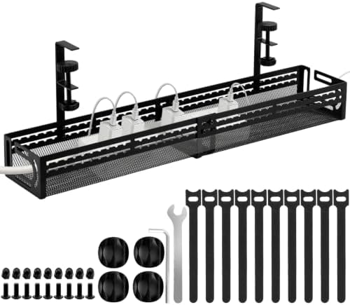 Under Desk Cable Management Tray, No Drill Mesh Cable Tray Cord Organizer