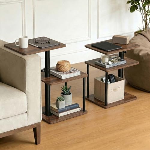 Faesun Swivel Side Table for Couch Arm, Adjustable C End Table for Recliner or Bed, Tv Trays with Storage Shelf for Small Spaces Small Nightstand Table for Living Room, Bedroom，2pc