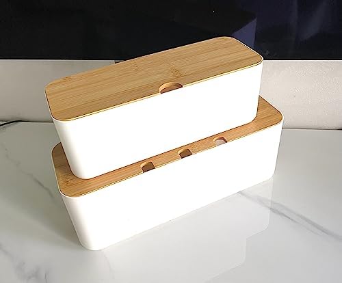 Cable Management Box with Bamboo Lid, Power Strip Organizer, White 2PCS