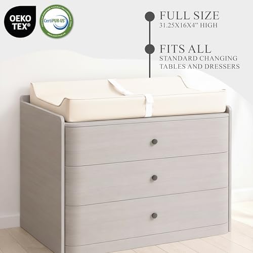Vegan Leather Contoured Baby Changing Pad | Waterproof & Wipe-Clean PU Leather Diaper Change Mat, Soft, Wipeable Cover, Safety Strap, Non-Slip Bottom, Topper for Standard Infant Diaper Table & Dresser