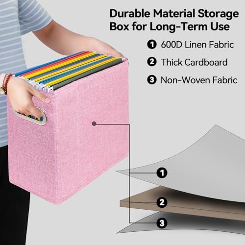 4 Packs Letter Size File Organizer, File Folders Organizer, Fabric Storage Box, Collapsible Paper Organizer with Metal Handle, Smooth PVC Rails, Only Box (Pink)