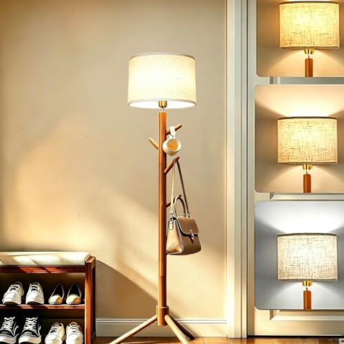Coat Rack Floor Lamp, 2-in-1 Entryway Tall Lamp 3 Color Dimmable 58.8" Standing Lamps with 4 Hooks & Triangular Base for Living Room Corner, Bedroom, Small Apartments & Foyers