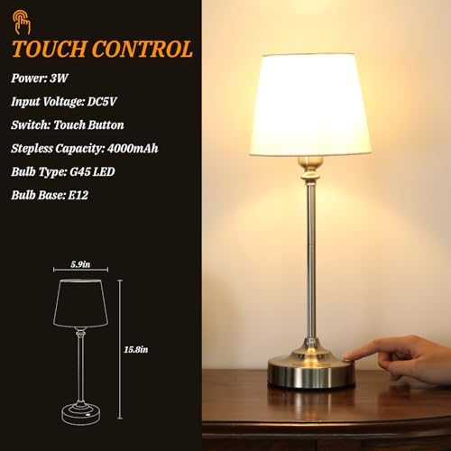 Kakanuo Cordless Table Lamp Rechargeable Silver - 1 Pack 4000mAH Battery Operated Lamp for Decor, 3000K Stepless Dimming Touch Control Wireless Lamp for Bedroom, Dining Table, Counter, Living Room