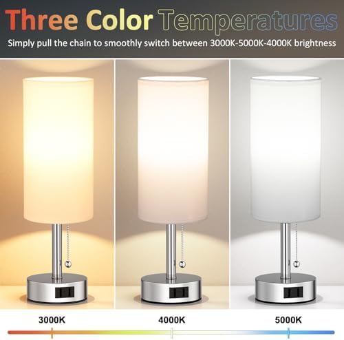 Silver Bedside Table Lamps Set of 2 - Bedroom Lamp for Desk, AC Outlet
