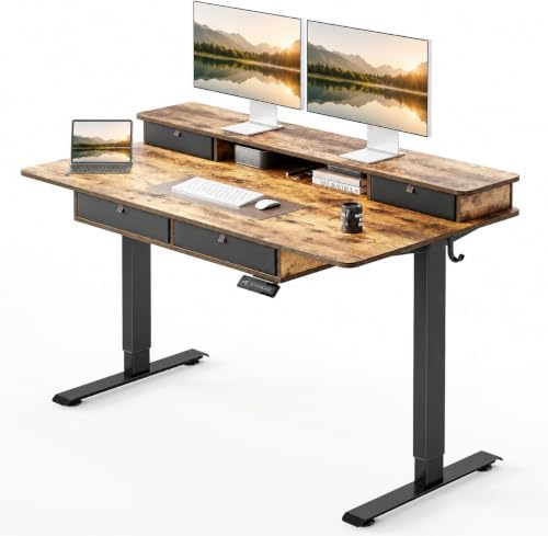 CubiCubi 48" x 24" Standing Electric Desk with Drawers, Rustic Brown