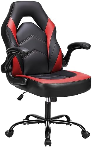 NEWBULIG Gaming Office Chair, Ergonomic High-Back with Flip-Up Armrests, Adjustable Height, Lumbar Support, PU Leather Comfort Seat & 360° Silent Swivel Wheels, for Home/Office, Red