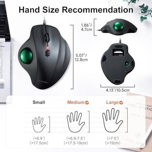 SANWA Wired Trackball Mouse, USB-C/A, Silent Clicks, Programmable, Green