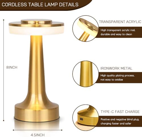 JHPGEOE Cordless Metal Desk Lamp, Touch Sensor Control LED Table Lamp,3 Color Stepless Dimmable Battery Powered Lamp for Living Room, Dorm, Home Office (Gold)