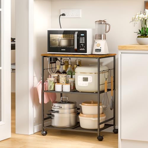 ThreeHio Rolling Kitchen Microwave Cart with Power Outlet, 3 Tier Microwave Table Stand with Storage, Kitchen Utility Cart on Wheels, Small Coffee Cart Shelf Rack Organizer for Living Room Office