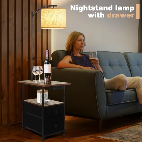 PESRAE Floor Lamp with Table & 2 Drawers, End Table with Lamp, Vintage Grey