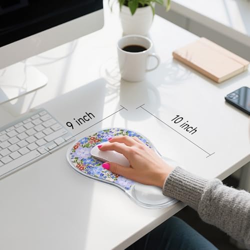 AUPET Ergonomic Mouse Pad with Gel Wrist Support – Non-Slip Mouse Mat with Comfortable Memory Gel Cushion – Relieves Wrist Pain – Designer Pattern for Home Office & Gaming (Violet-Blue Blossom Patch)
