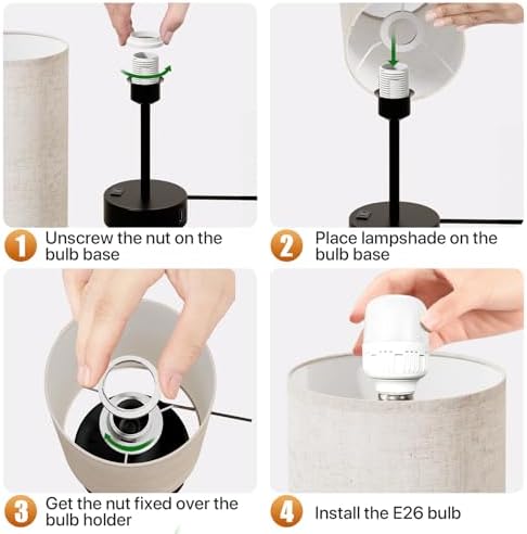KPQ Bedside Lamp Touch Control Table Lamp with USB A+C Charging Ports & AC Outlet 3-Way Dimmable Nightstand Lamp with Linen Fabric Shade (Beige Shade-Black Base, 14" Small Size Touch Control)