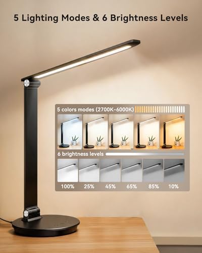 LED Desk Lamp with USB Charging Port, Touch Control, 6 Brightness Levels 6 Color Temperatures, Eye-Caring Desk Light with 1-Hour Timer, Adjustable Foldable Lamp for Home Office, Bedroom, Study
