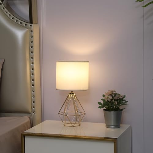 Small Gold Table Lamp Set of 2, Bedside Nightstand Lamps with White Shade, Hollow Metal Base, Modern Geometric Desk Lamp for Bedrooms, Living Room, Office