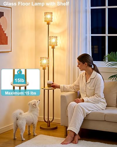 Lightdot Amber Glass Floor Lamp with Table Farmhouse Modern Gold Floor Lamp