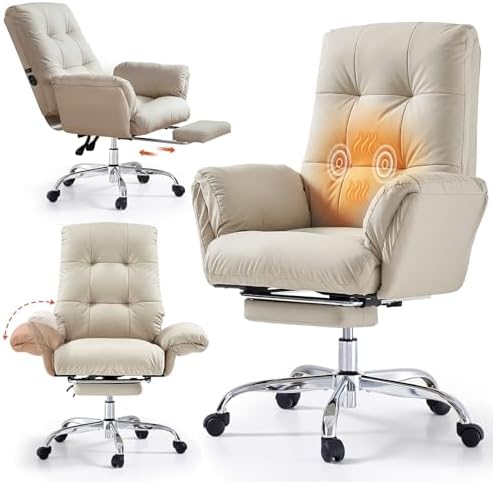 EMIAH Heated and Massage Office Chair with Foot Rest, PU Leather, Beige