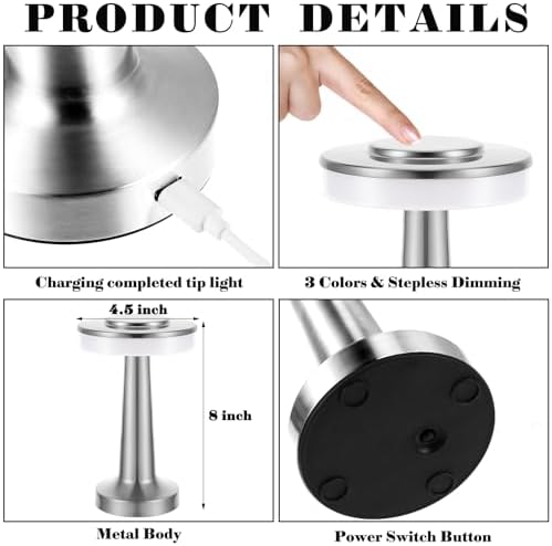 Riakrum 1 Pcs LED Cordless Table Lamp Bulk Rechargeable,Silver