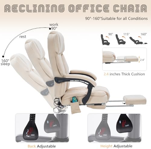 Massage Office Chair with Foot Rest 6 Points Vibration and Heat Home Office Desk Chairs for Heavy People 400lbs Reclining Managerial Chairs Ergonomic Executive Chair (Beige)