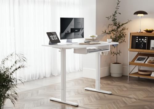 YDN Standing Desk, Height Adjustable Computer Desk with Keyboard Tray, 48 Inch White Ergonomic Desk for Home Office and Gaming