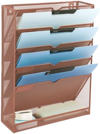 EASEPRES 6 Tier Mesh Hanging Wall File Organizer, Desk Vertical Mail Paper Document Folder Holder Rack with Bottom Tray and Nametag Label for Office Home School, Brown