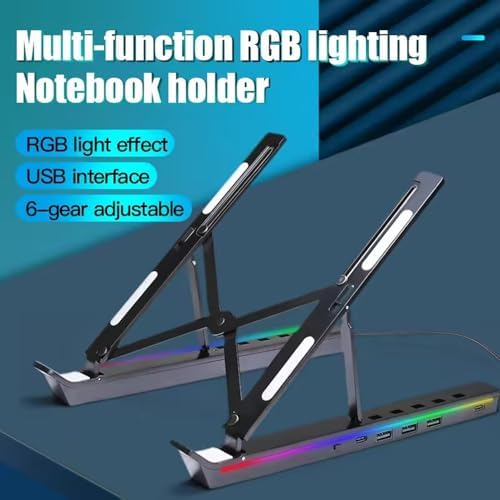 Tianle Laptop Stand with Docking Station for Desk,4 in 1(1*USB-C,3*USB-A) RGB Laptop Stand,Foldable Portable Cooling Laptop Holder,Adjustable for 12-18 inch Laptops,Tablet (Black)