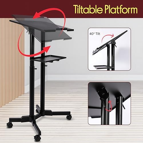Pyle Lectern Podium Stand | Adjustable Height Top Shelf, Bottom Shelf, Locking Plastic Wheels, & LED Reading Light | Mobile Standing Desk for Classrooms & Presentations | Portable Rolling Table Design