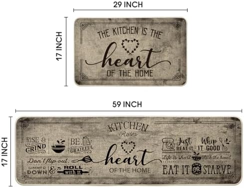 Artoid Mode Kitchen Quotes Kitchen Mats Set of 2, Seasonal The Heart of The Home Cooking Sets Holiday Party Low-Profile Floor Mat for Home - 17x29 and 17x59 Inch