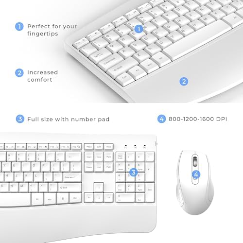 Ergonomic Keyboard and Mouse Combo - Full Size Keyboard Cordless with Palm Wrist Rest Ergonomic Mouse Wireless for Windows Computers Laptops - White(Upgrade)