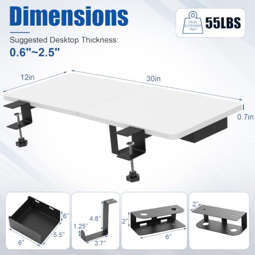 Novabright 30" X 12" Desk Extender Tray with Side Storage Rack Heavy Duty Desk Extender Under Desks Laptop Mount Keyboard Extenders for Desks with a Concealed Storage Area for Cable & Earphone (White)