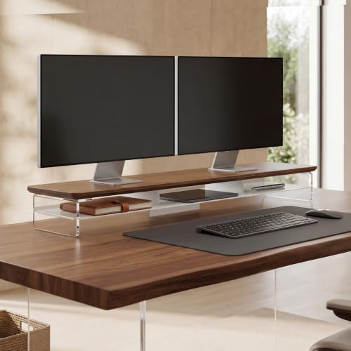 Fenge 42.5" Dual Monitor Stand with Clear Acrylic Legs, Brown