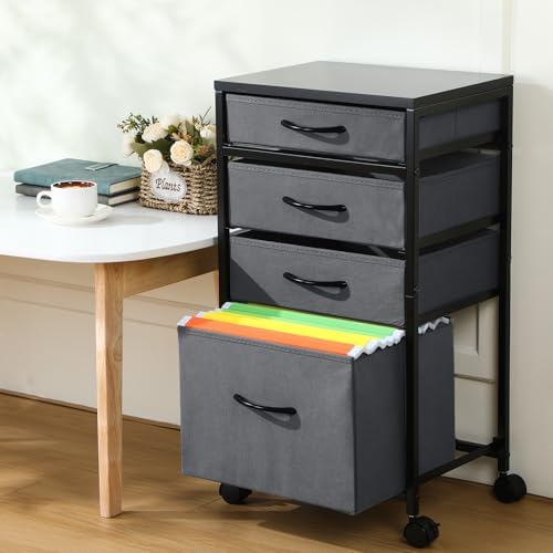 Chunful 4 Drawer Rolling File Cabinet Mobile Printer Stand Metal Cart with Fabric Vertical Filing Chest Wheels A4 Letter Size Under Desk Utility Craft Storage Organizer for Home Office School(Grey)