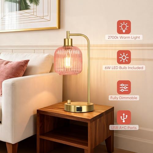 Pink Glass Table Lamps Set of 2, Dimmable Bedside Lamps for Living Room