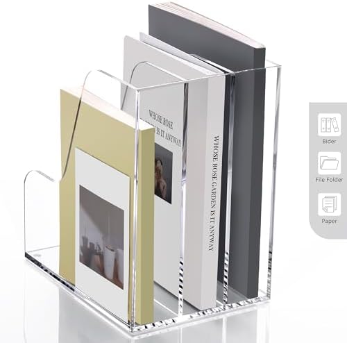 SANRUI Clear Vertical Magazine File Holder, Acrylic Desk Organizer and Storage Bins Holding for Magazines Binders, Notebooks, Envelopes A4 Folder Binder Holders Sorter, 3 Compartments