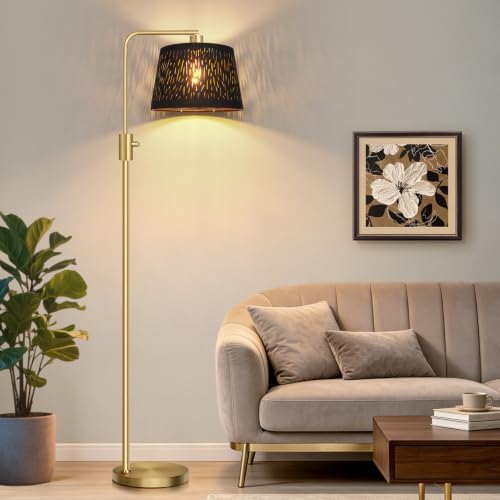 【Upgraded】 Dimmable Gold Floor Lamp, 1000 Lumens LED Edison Bulb Included, Arc Black Floor Lamps for Living Room Modern Standing Lamp with Black Grid Shade, Tall Lamps for Living Room Bedroom Office
