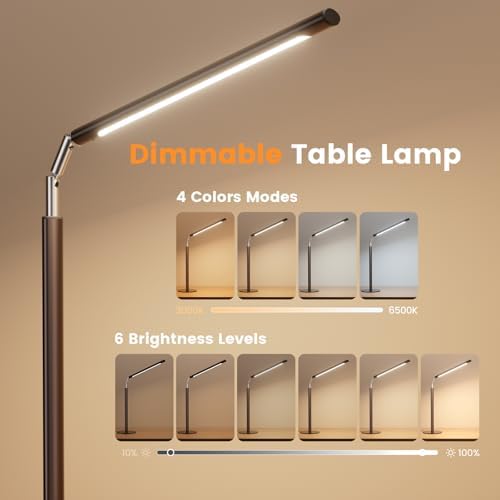 SIBRILLE Brown LED Desk Lamp, 16" Dimmable Metal Desk Light with Base, 15W 1200LM, Adapter Included, Color & Brightness Adjustable, Modern Tall Table Lamp for Home Office Reading Study Task Laptop