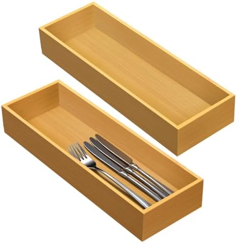 guiogc Set of 2 Bamboo Drawer Organizer, Stackable Utensil Organizer for Kitchen, Bamboo Storage Box Wood Silverware Tray for Drawer