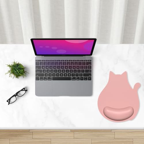Ergonomic Mouse Pad with Wrist Rest, Cute Cat Memory Foam Padded Pain Relief Non-Slip Wrist Support Mouse Mat for Gaming Work Computer Laptop, Funny Office Supplies Desk Accessory, Rose Pink