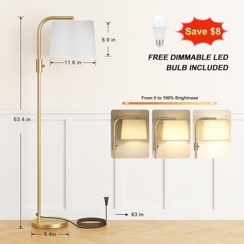 Ambimall Fully Dimmable Floor Lamp - Floor Lamps with 9W LED Bulb, Standing Lamps for Living Room with Adjust Head, Modern Standing Tall Light Rotary Switch for Office(Gold and Beige)