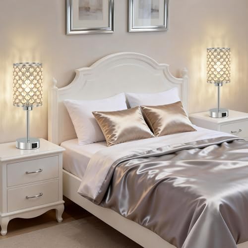 GyroVu Silver Crystal Bedside Table Lamps Set of 2 with USB C+A Ports