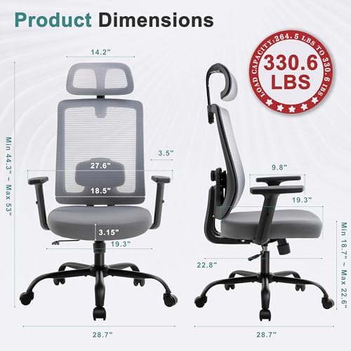 Shintenchi Ergonomic Office Chair, High Back Mesh Desk Chairs with Headrest & Lumbar Support Adjustable, 3-Level Tilt Backrest Comfortable Gaming Chair 330lbs Capacity, Big and Tall Rolling Chairs